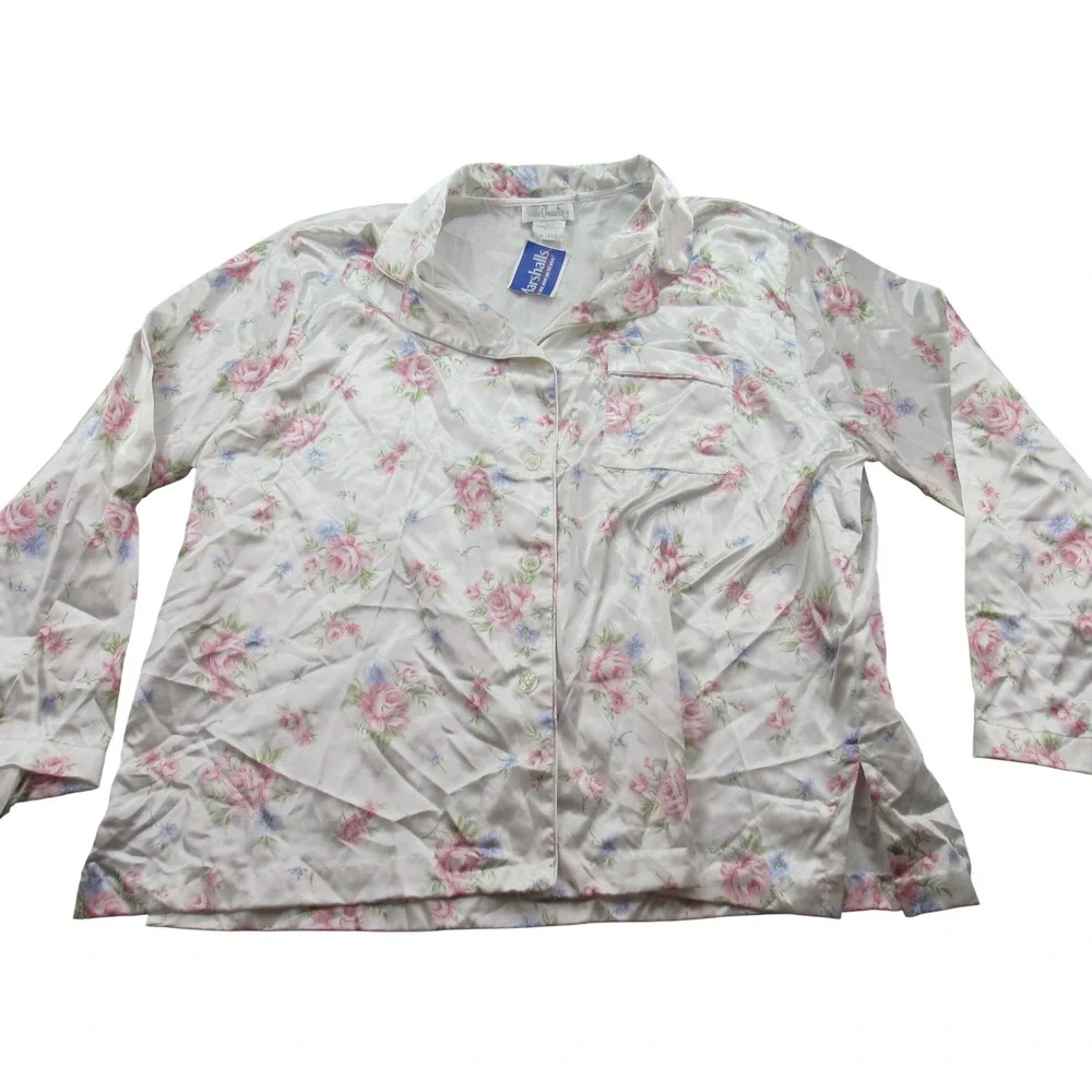 Character Womens XL Pajama Top Shirt White‎ Pink Blue Floral Satin Button Down